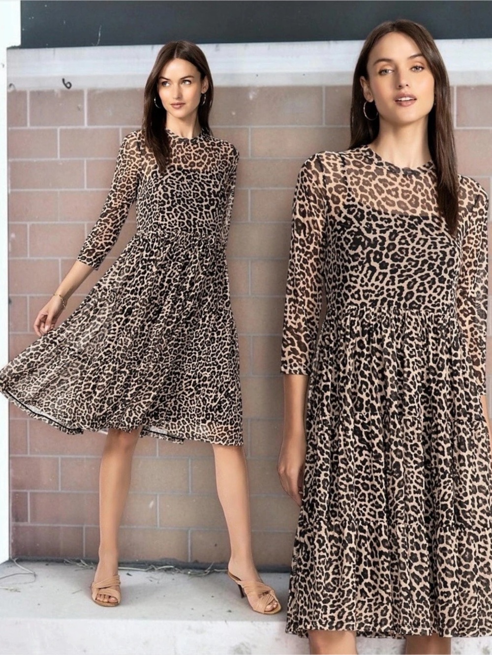 NWOT Johnny Was Women’s 3/4 Sleeve Mesh Tiered Dress In Chestnut Leopard Size L
